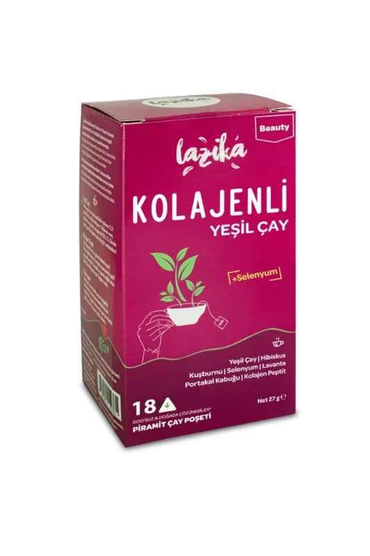 Kolajenli Yeşil Çay 18'li Non-GMO PLA Piramit Poşet - Peptit Kolajen içeren Yeşil Çay, Hibiskus, Portakal Kabuğu, Kuşburnu, Lavanta Selenyum