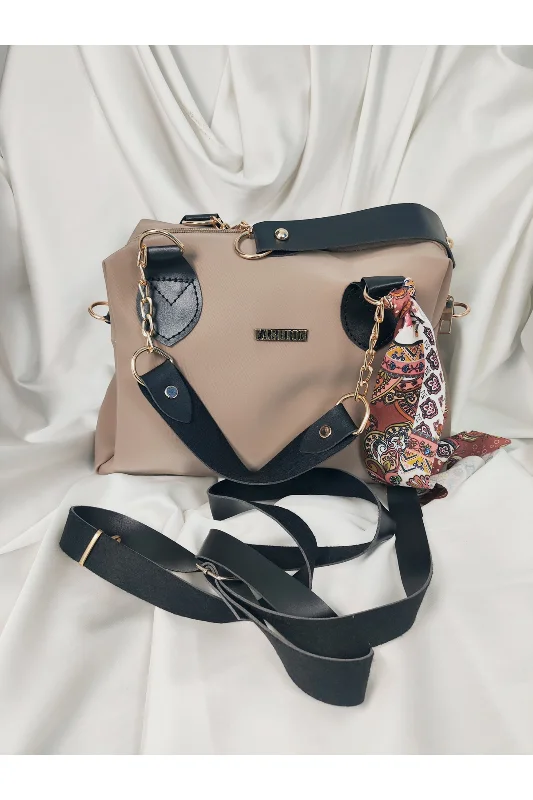 Bej Krem Fashion Yazılı Paisley Fularlı Geniş Hacim Omuz Çantası