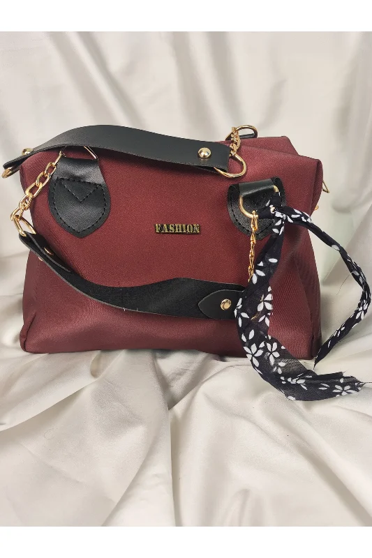 Bordo Fashion Yazılı Çiçek Fularlı Geniş Hacimli El ve Omuz Çantası