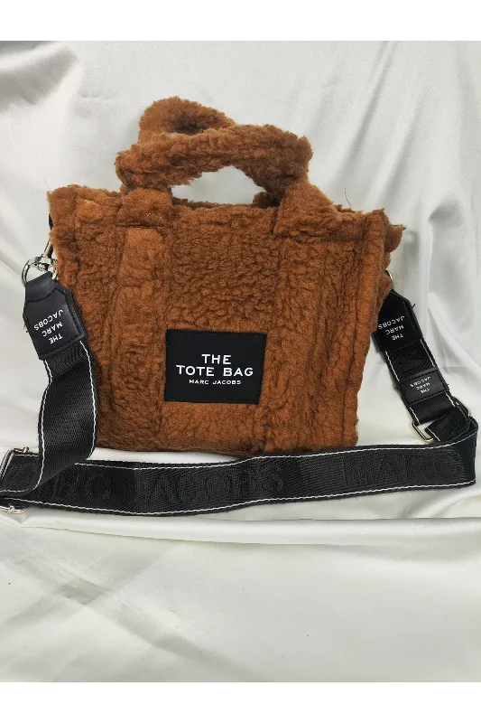 Kahverengi Peluş Teddy Yazılı Etiketli Geniş Omuz Askılı Tote Bag