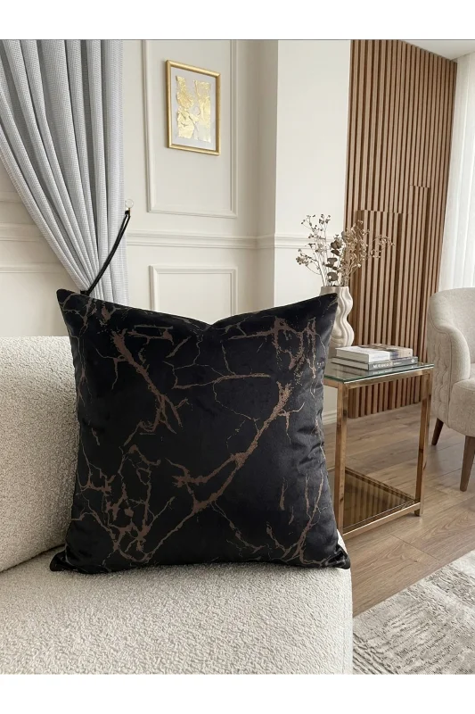 2'li Kadife Kırlent Yastık Kılıfı Siyah Renk Damar Desen (45X45)
