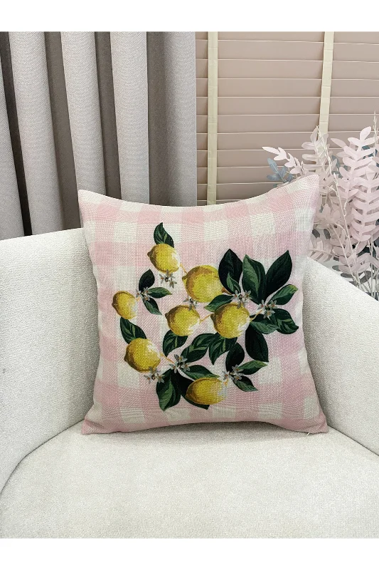 2'li Ekose ve Limon Desenli Keten Görünümlü Kırlent Kılıfı (45x45)