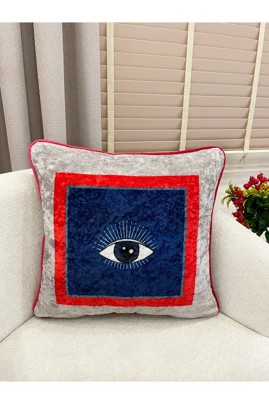 2'li Göz Figürlü Kenar Biyeli Kadife Kumaş Kırlent Kılıfı (45x45)