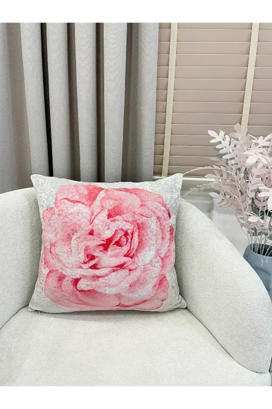 2'li Gül Desenli Ekru Pembe Kadife Kumaş Kırlent Kılıfı (45x45)