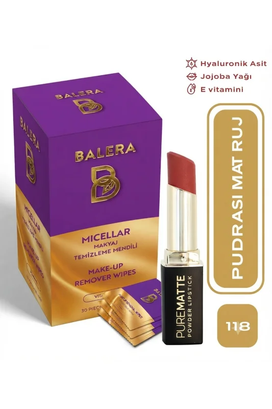 Pure Matte Powder Lipstick No: 118 - Nemlendirici Pudramsı Mat Ruj Makyaj Temizleme Mendili Hediyeli