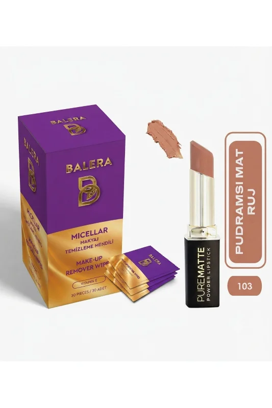 Pure Matte Powder Lipstick No: 103 - Nemlendirici Pudramsı Mat Ruj Makyaj Temizleme Mendili Hediyeli