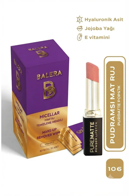 Pure Matte Powder Lipstick No: 106 - Nemlendirici Pudramsı Mat Ruj Makyaj Temizleme Mendili Hediyeli