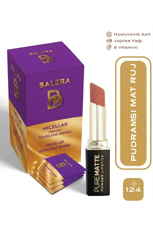 Pure Matte Powder Lipstick No: 124 - Nemlendirici Pudramsı Mat Ruj Makyaj Temizleme Mendili Hediyeli