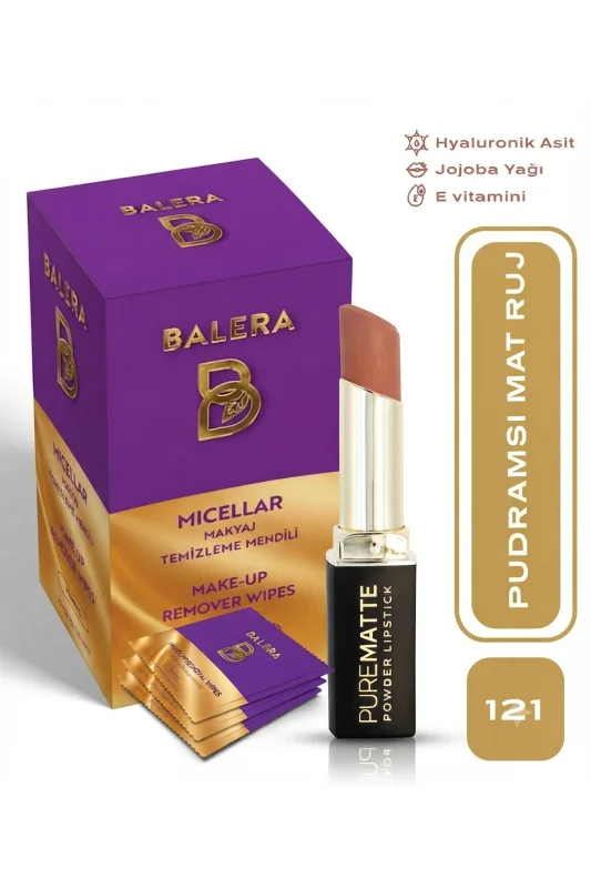 Pure Matte Powder Lipstick No: 121 - Nemlendirici Pudramsı Mat Ruj Makyaj Temizleme Mendili Hediyeli
