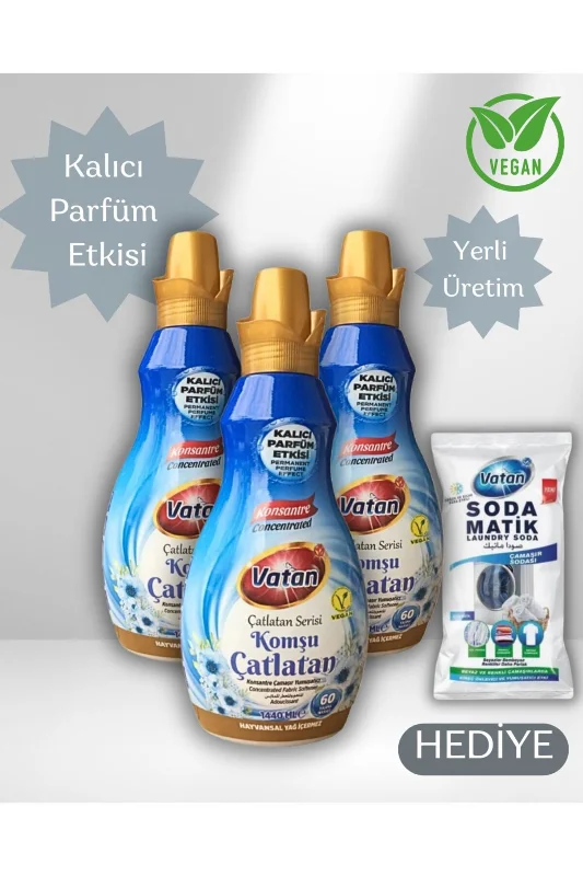 3 Adet Komşu Çatlatan Konsantre Çamaşır Yumuşatıcısı + ÇAMAŞIR SODASI - %100 Vegan, 1440 ml