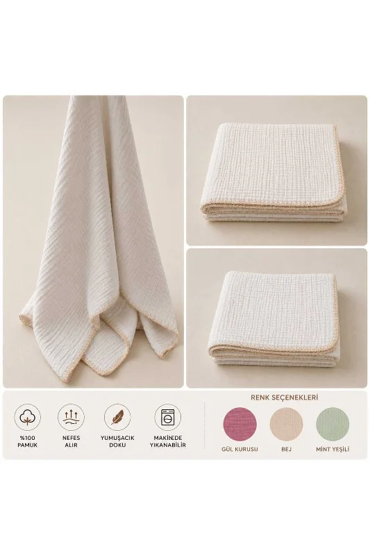 %100 Pamuk 4 Kat Müslin Bebek Örtüsü 90x100 cm Battaniye Puset Örtüsü Kundak Bej