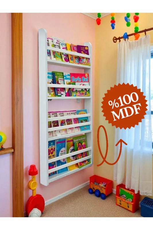 Carmen 4 Raflı Kitaplık - Beyaz Renk Montessori Kitaplık - Çocuk Odası Kitaplığı