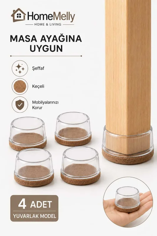 Geniş Masa Ayakları İçin Uygun 4 Adet Şeffaf Renk Keçeli Silikon Kaydırmaz