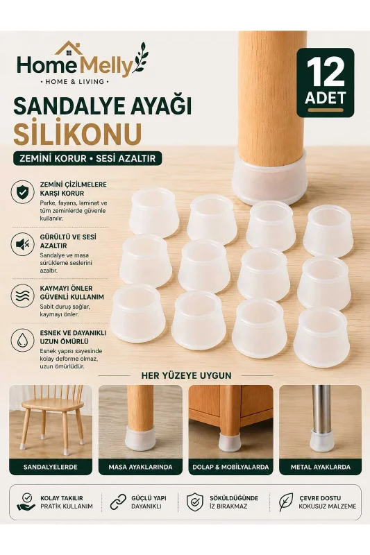 12’li Silikon Ayak Kılıfı – 2,5-8 Mm Kaydırmaz, Parke Dostu, Ses Önleyici Mobilya Koruyucu
