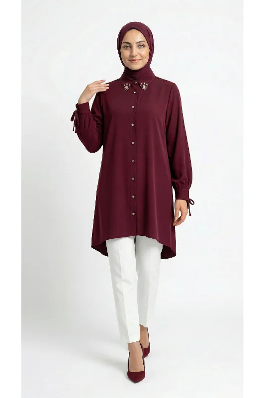 Özden Yakası Taşlı Uzun Tunik-ZN2090 Bordo
